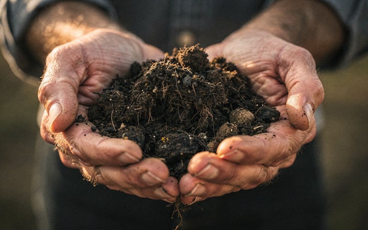 Hands holding loam, low warm light, dark background