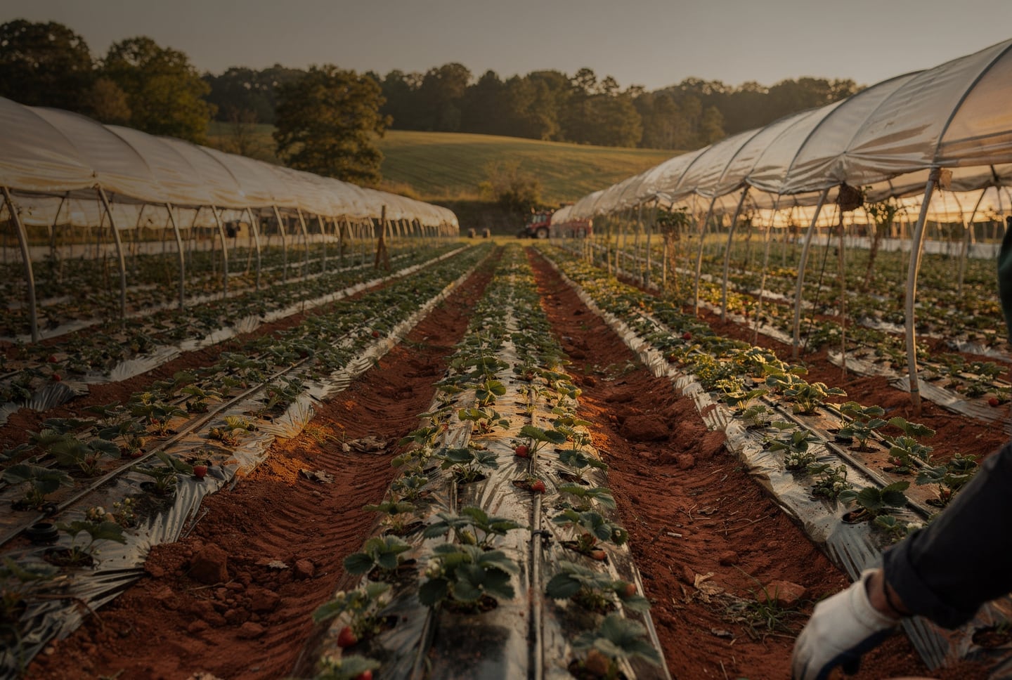 Hero photo — low-angle rows under high tunnels at golden hour, slightly desaturated, warm shadows